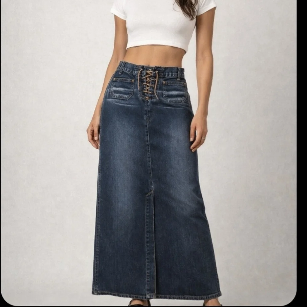 Vintage LEI Midi Length Denim Skirt Leather Lace-up Front Slit Sz Small 90s Y2k